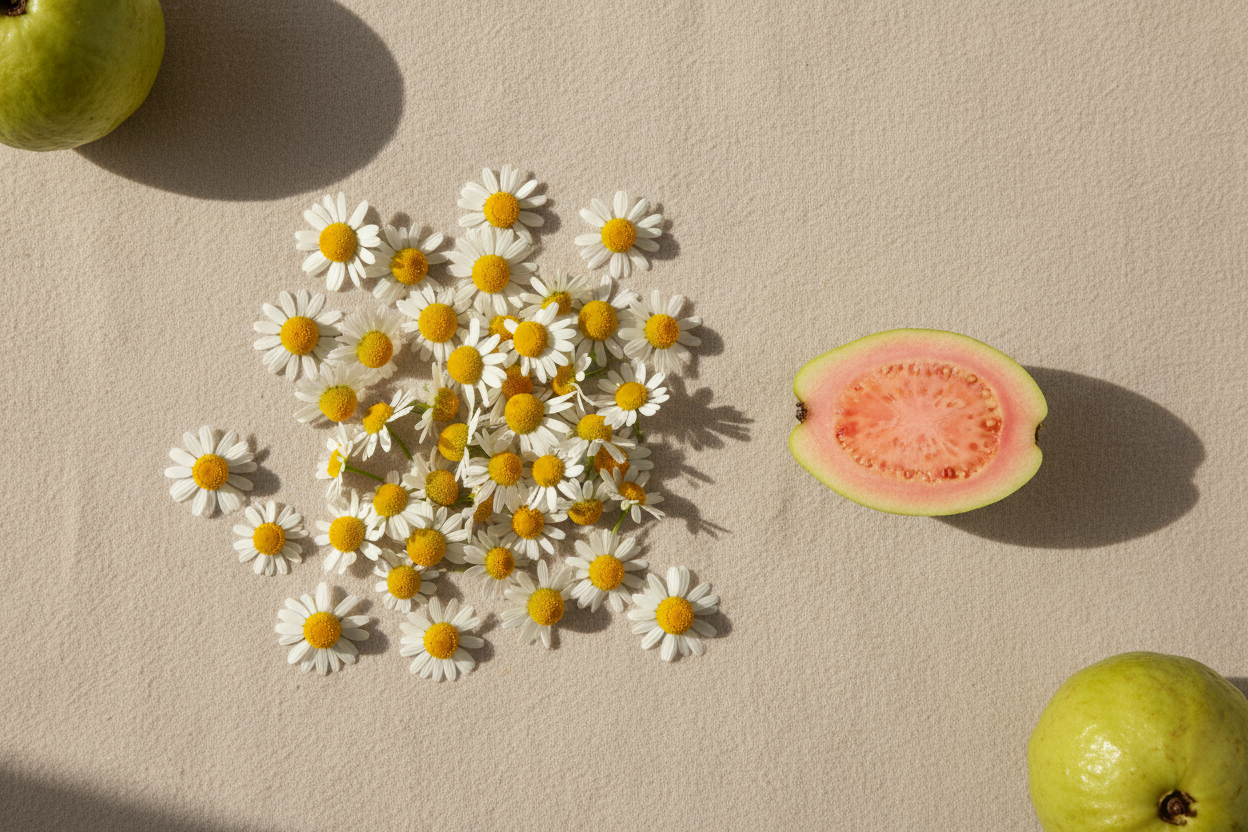 neutral background with a minimalist flat-lay of real looking chamomile and a piece of guava