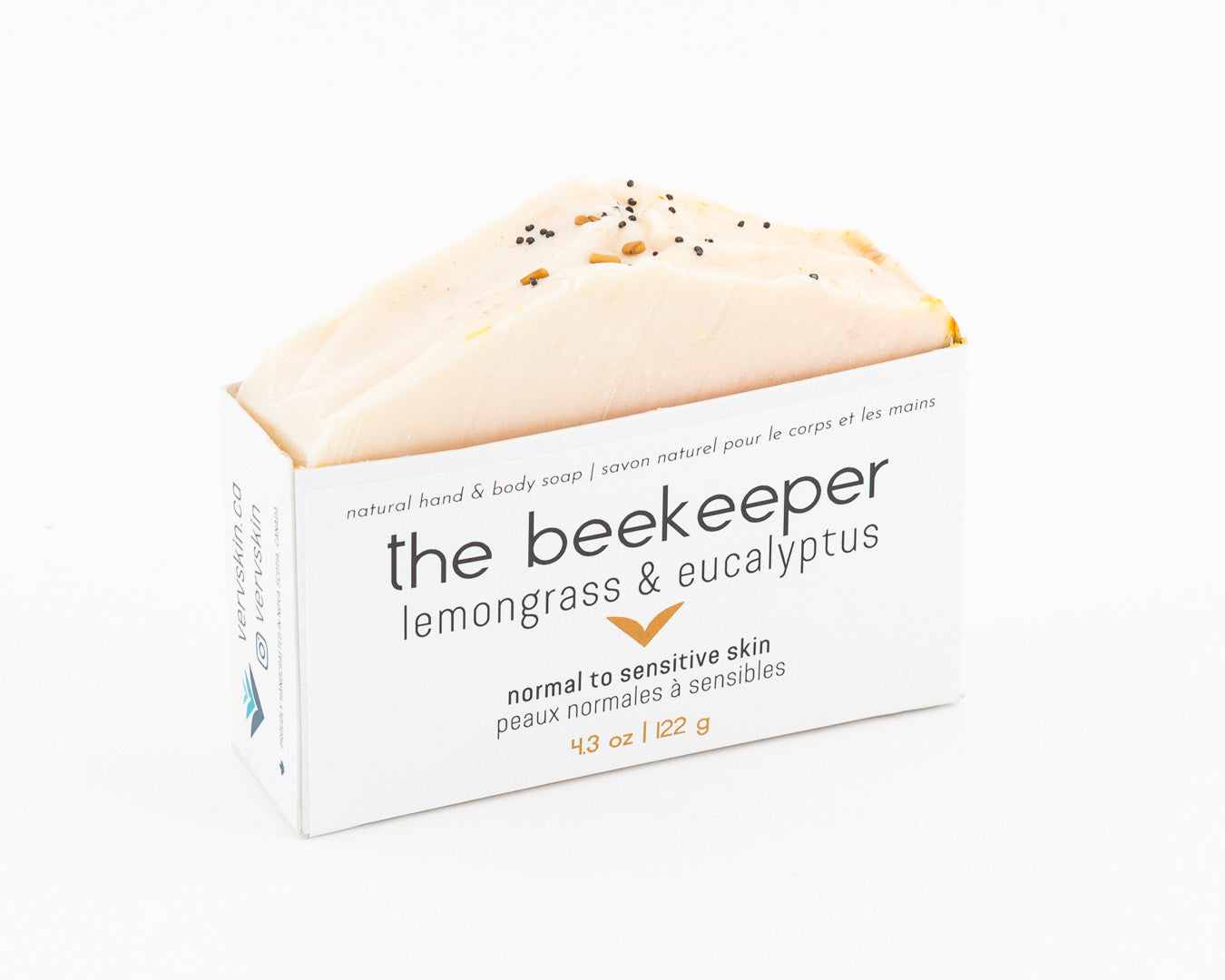 The Beekeeper Soap in paper packaging. Lemongrass and eucalyptus scented natural hand and body soap for normal to sensitive skin. 4.3oz / 122g
