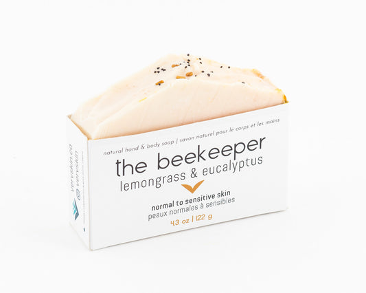 The Beekeeper Soap in paper packaging. Lemongrass and eucalyptus scented natural hand and body soap for normal to sensitive skin. 4.3oz / 122g