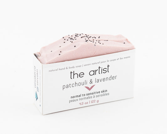 The Artist Soap in paper packaging. Patchouli and lavender scented natural hand and body soap for normal to sensitive skin. 4.3oz / 122g